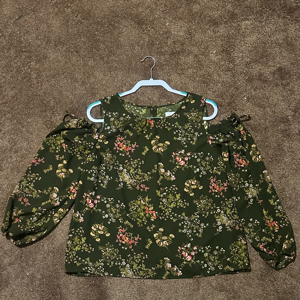 LC Lauren Conrad Olive Floral Cold Shoulder Blouse